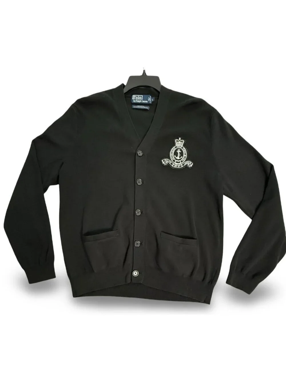 VTG Polo Ralph Lauren Cardigan L‎ Black Knit Nautical Anchor Crest Sweater Y2K
